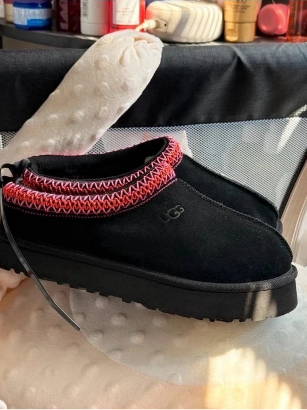 UGG Black Suede Slip-On Mule with Pink Trim